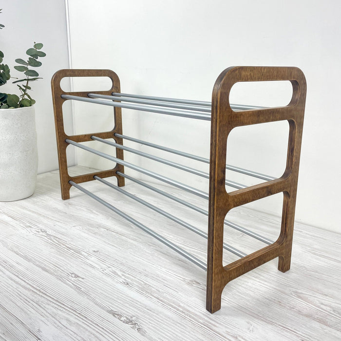 3 Tier Wood Shoe Rack for Floor | Walnut + Silver Rods - Image 5
