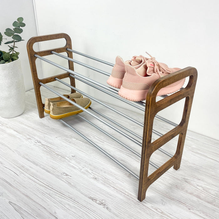 3 Tier Wood Shoe Rack for Floor | Walnut + Silver Rods - Image 3