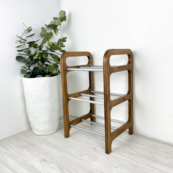 3 Tier Wood Shoe Rack for Floor | Walnut + Silver Rods - Image 1