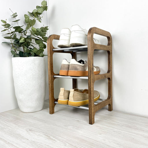 3 Tier Wood Shoe Rack for Floor | Walnut + Silver Rods - Image 2