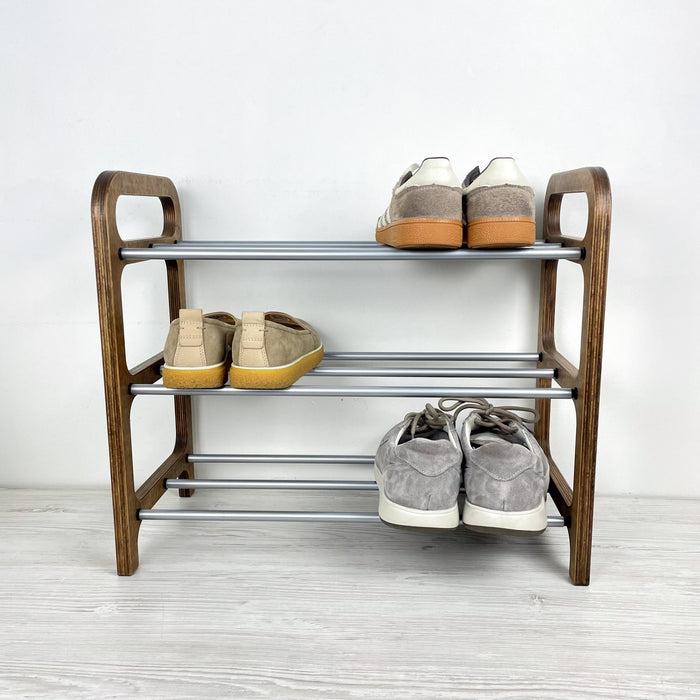 3 Tier Wood Shoe Rack for Floor | Walnut + Silver Rods - Image 6
