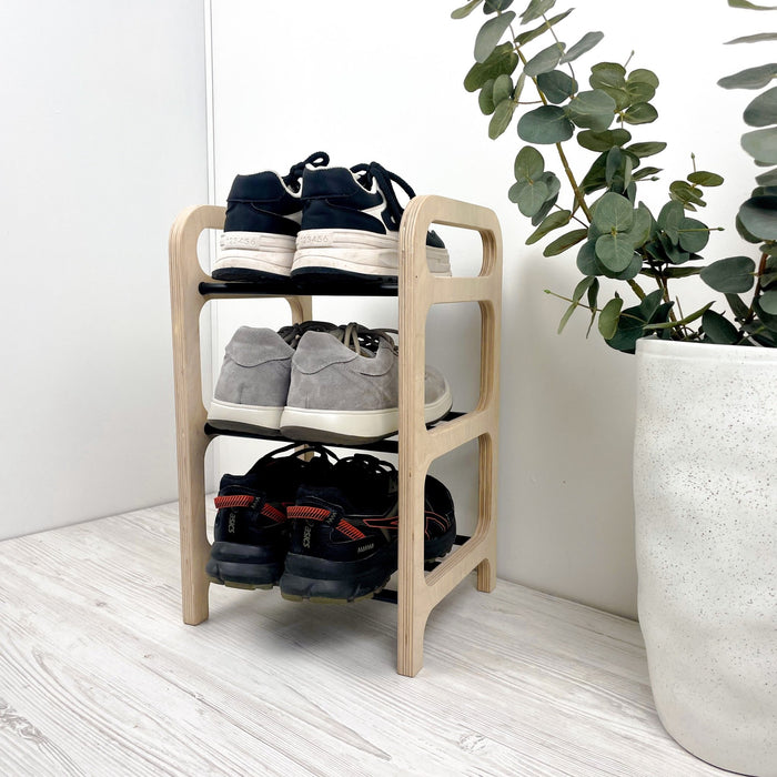 3 Tier Wooden Shoe rack for Floor | Natural + Black Rods - Image 1