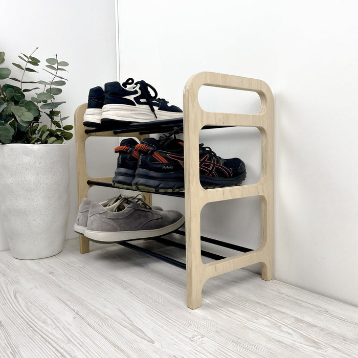 3 Tier Wooden Shoe rack for Floor | Natural + Black Rods - Image 3