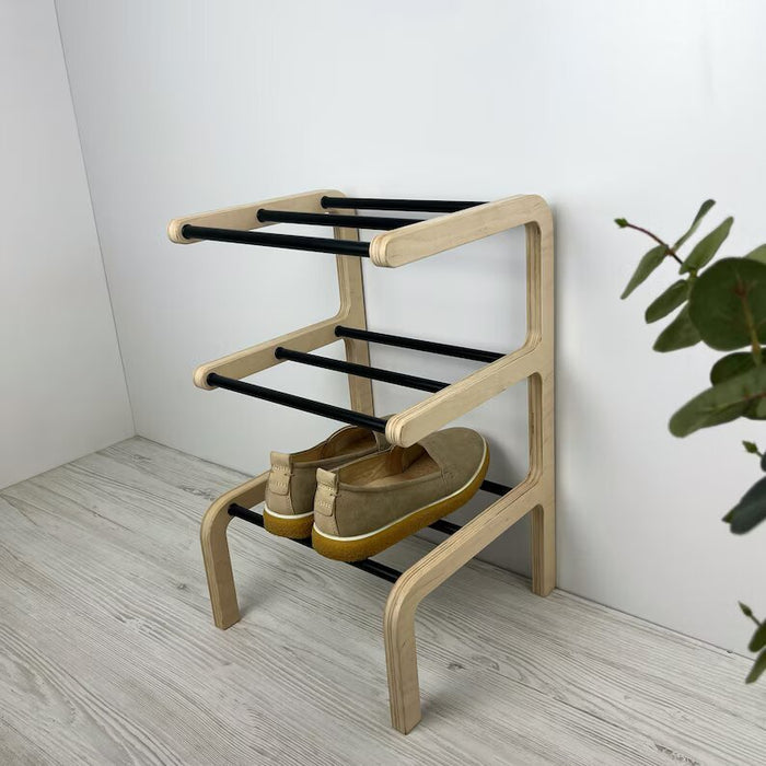 Shoe Rack Rodes 3 Tier Small Freestanding Shoe Rack | Natural + Black Rods