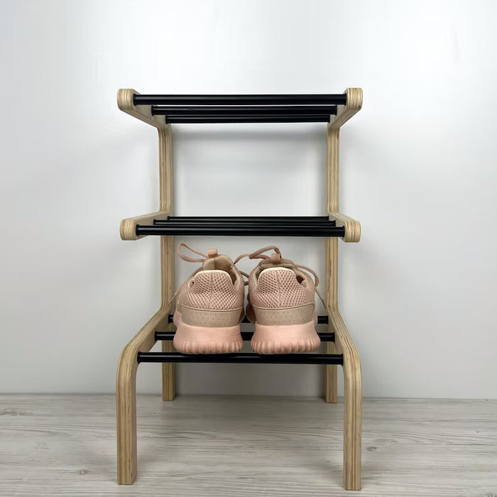 Shoe Rack Rodes 3 Tier Small Freestanding Shoe Rack | Natural + Black Rods