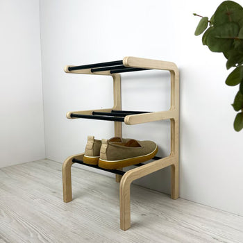 3 Tier Small Freestanding Shoe Rack | Natural + Black Rods