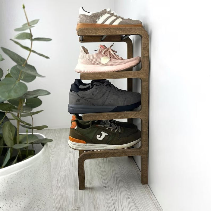 Unique Shoe Rack Rods 4-Tier Narrow Shoe Rack for Entryway | Walnut + Black Rods