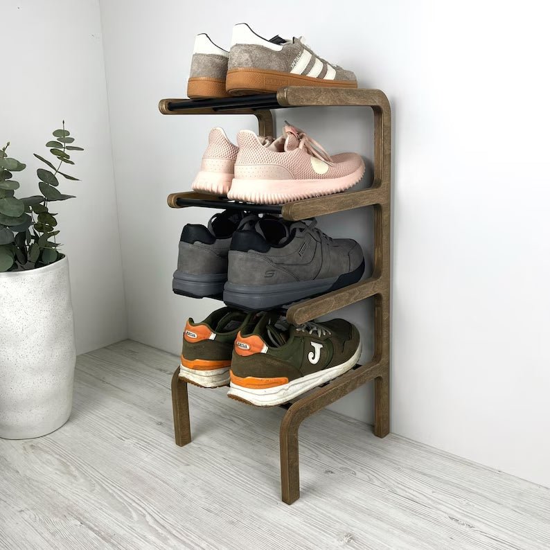 4-Tier Narrow Shoe Rack for Entryway | Walnut + Black Rods