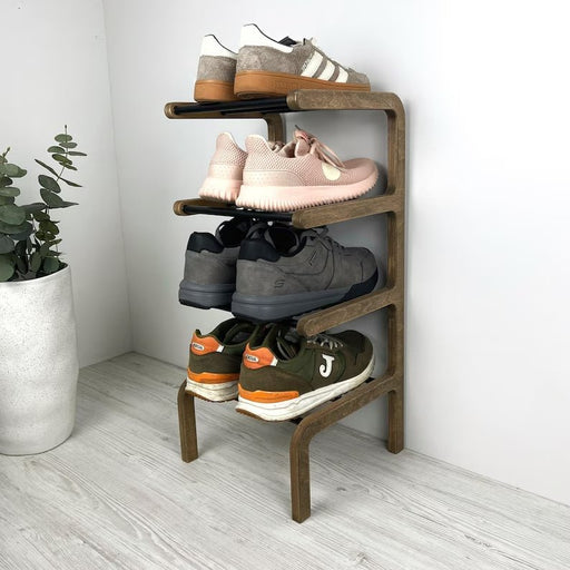 4 - Tier Wooden Shoe Rack | Walnut + Black Rods - EvenWood