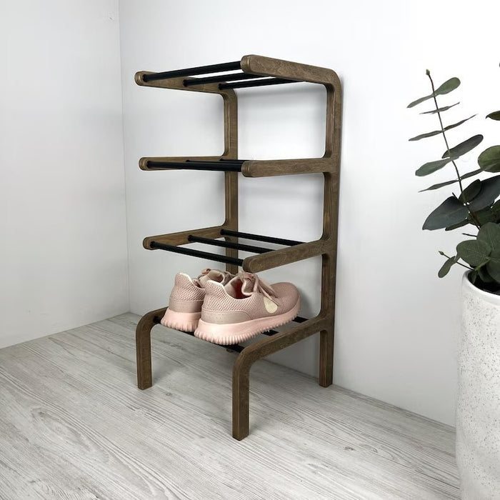 Unique Shoe Rack Rods 4-Tier Narrow Shoe Rack for Entryway | Walnut + Black Rods