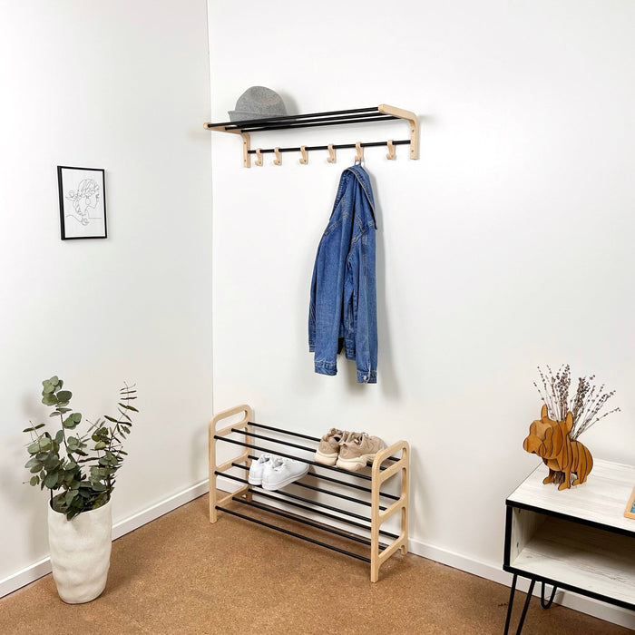 A Set of a 3 - Tier Floor Shoe Rack With a Shelf, Natural - EvenWood