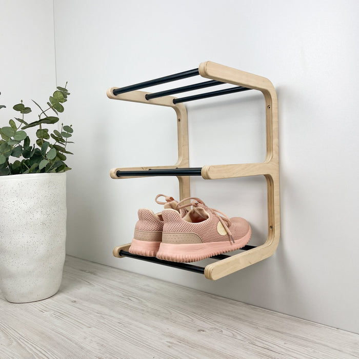 Birch Wood Wall - Mounted Shoe Rack – Stylish 3 - Tier Organizer - Image 1