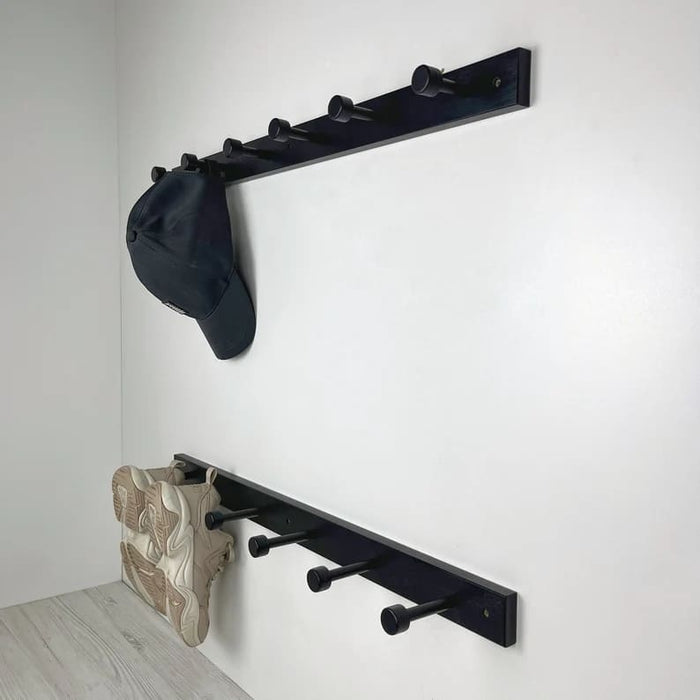 Black Wall - Mounted Wooden Shelf for Shoes With Metal Hooks - EvenWood