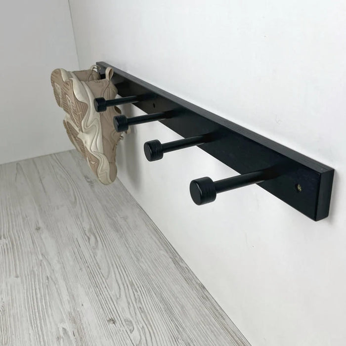 Black Wall - Mounted Wooden Shelf for Shoes With Metal Hooks - EvenWood