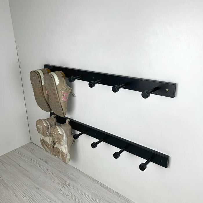 Black Wall - Mounted Wooden Shelf for Shoes With Metal Hooks - EvenWood