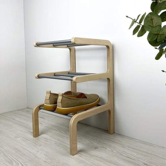 Tier Wooden Small Shoe Rack Natural Silver Rods - Main Image