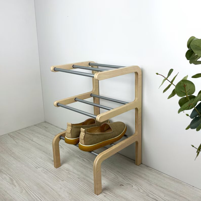 Unique Shoe Rack Rods 3 Tier Wooden Small Shoe Rack | Natural + Silver Rods