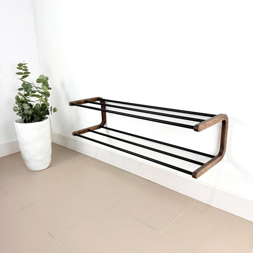 Double Tier Shoe Rack for Wall | Walnut + Black Rods - Image 2