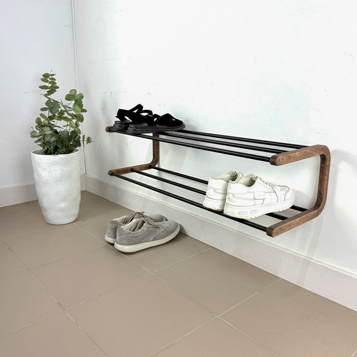 Double Tier Shoe Rack for Wall | Walnut + Black Rods - Image 1