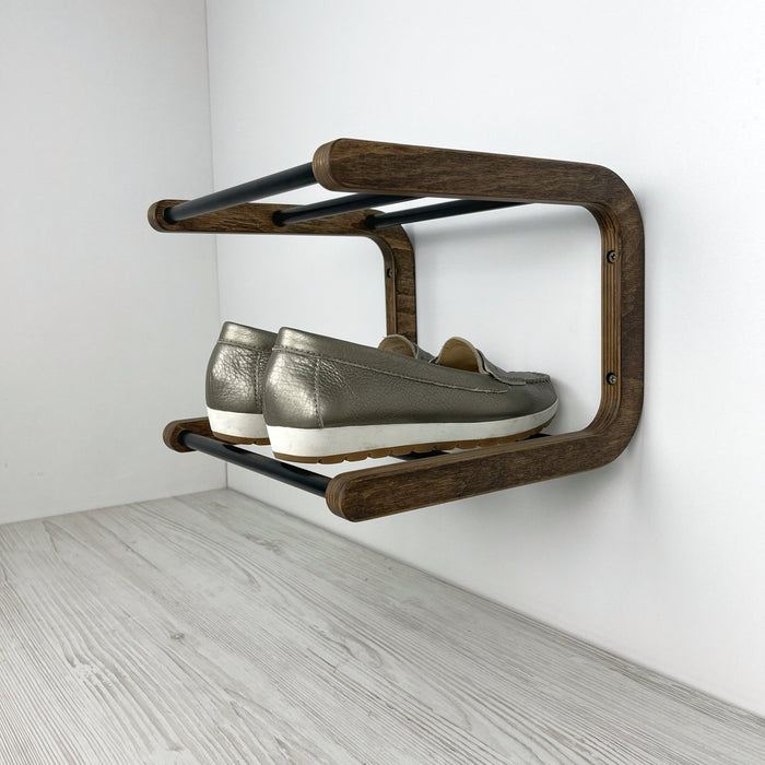 Double Tier Shoe Rack for Wall | Walnut + Black Rods - Image 4