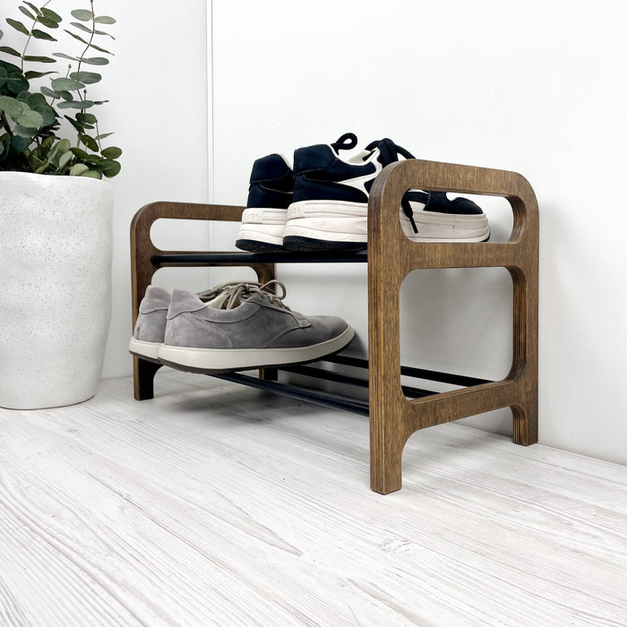 Double Tier Wooden Shoe Shelf | Walnut + Black Rods - Image 1