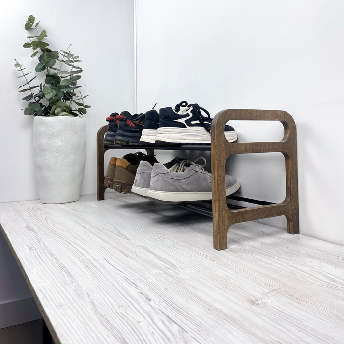 Double Tier Wooden Shoe Shelf | Walnut + Black Rods - Image 3