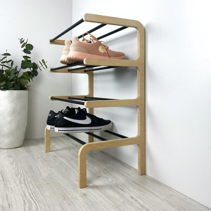 Entryway Shoe Storage Rack with Shelves | Natural + Black Rods | 4 Tiers - Image 3