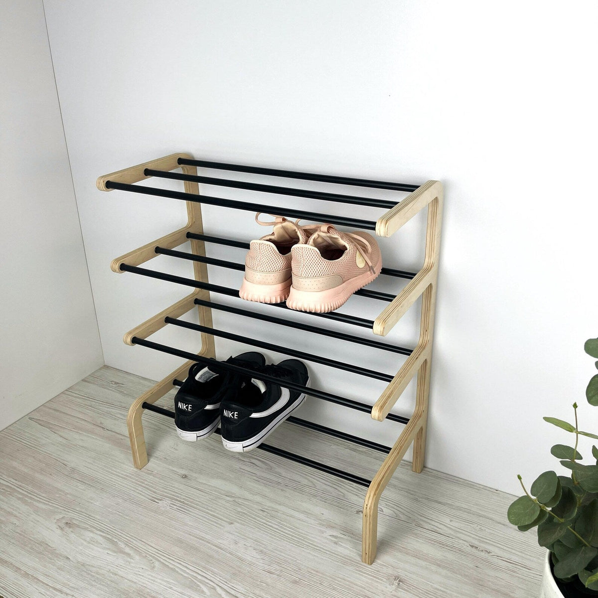 Entryway Shoe Storage Rack with Shelves Natural Black Rods Tie