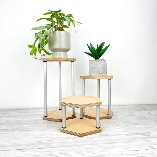 Hexagon Wooden Plant Stand Trio | Natural Finish & Silver Rods - Image 1