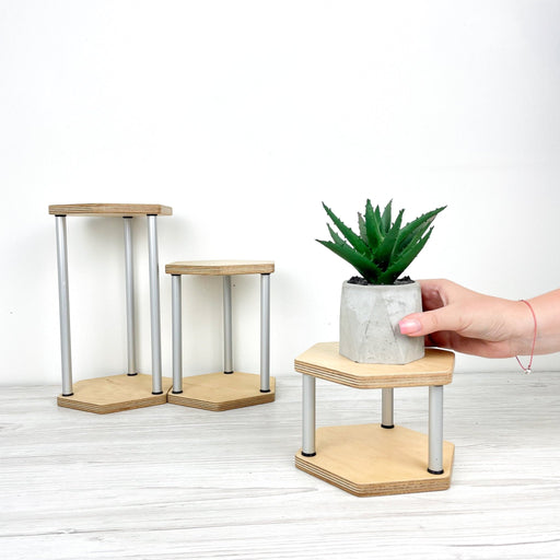 Hexagon Wooden Plant Stand Trio | Natural Finish & Silver Rods - Image 2