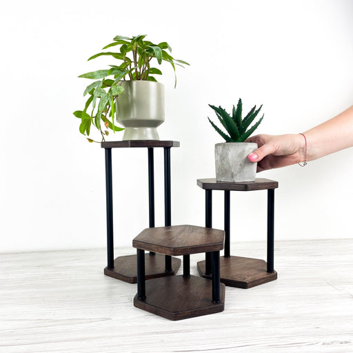 Hexagon Wooden Plant Stand Trio | Walnut Finish & Black Rods - Image 1
