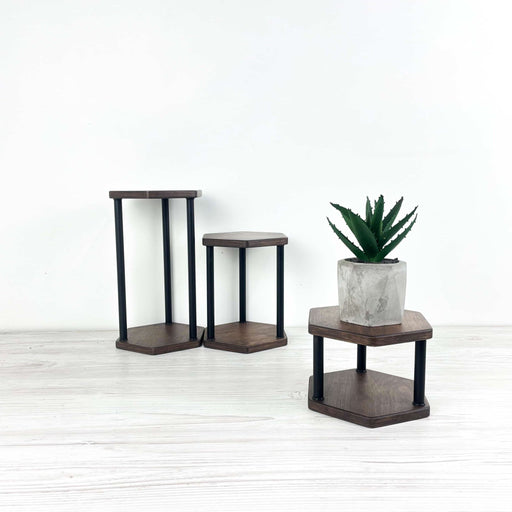 Hexagon Wooden Plant Stand Trio | Walnut Finish & Black Rods - Image 2