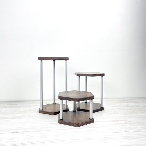 Hexagon Wooden Plant Stand Trio | Walnut Finish & Silver Rods - Image 2