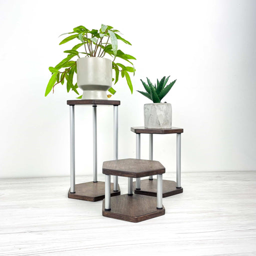 Hexagon Wooden Plant Stand Trio | Walnut Finish & Silver Rods - Image 1