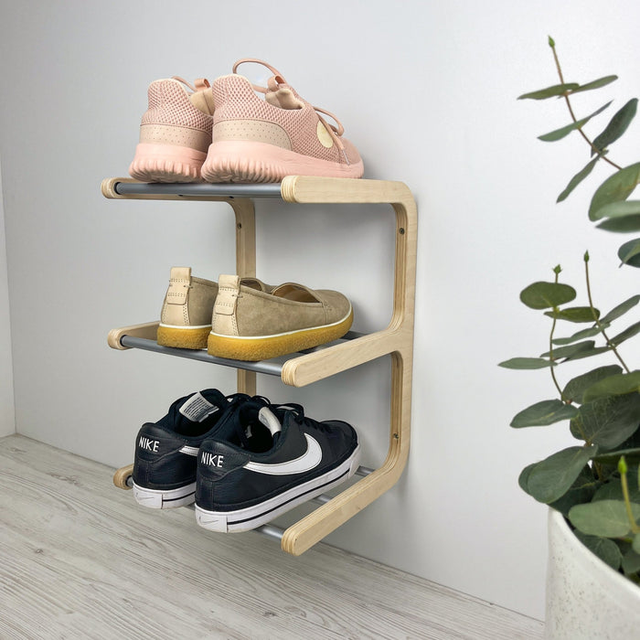 Open Wall - Mounted Shoe Rack Natural Wood + Aluminum - Image 4