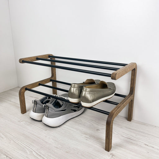 2-Tier Wooden Shoe Rack, Walnut Finish & Black Rods - Image 2