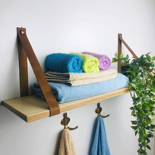 Small Wall Shelf With Leather Straps and Hooks - EvenWood