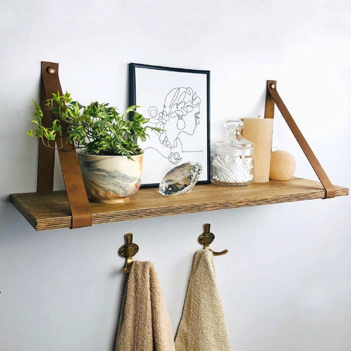 Small Wall Shelf With Leather Straps and Hooks - EvenWood