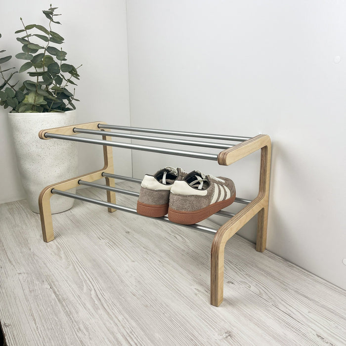 Small Wooden Shoe Rack | Natural + Aluminum - Image 3