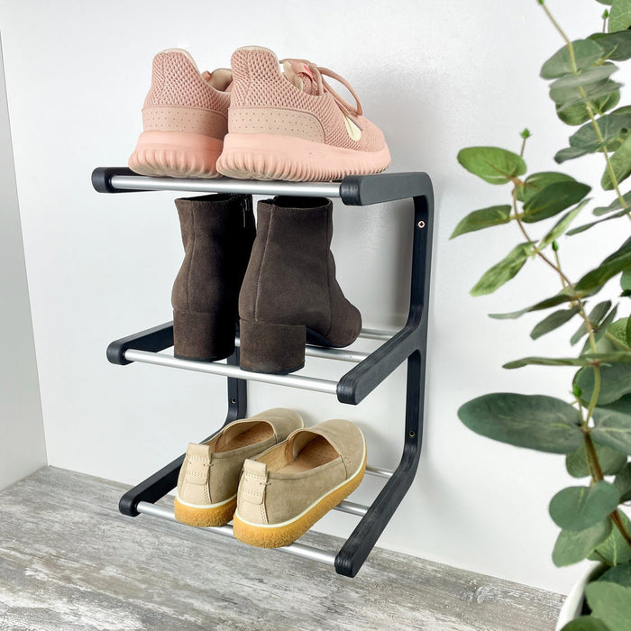 Three - Tier Wall - Mounted Shoe Rack: Black + Silver - Image 1