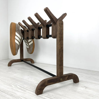 Unique Double Sided Wooden Shoe Stand | Walnut + Black Rods