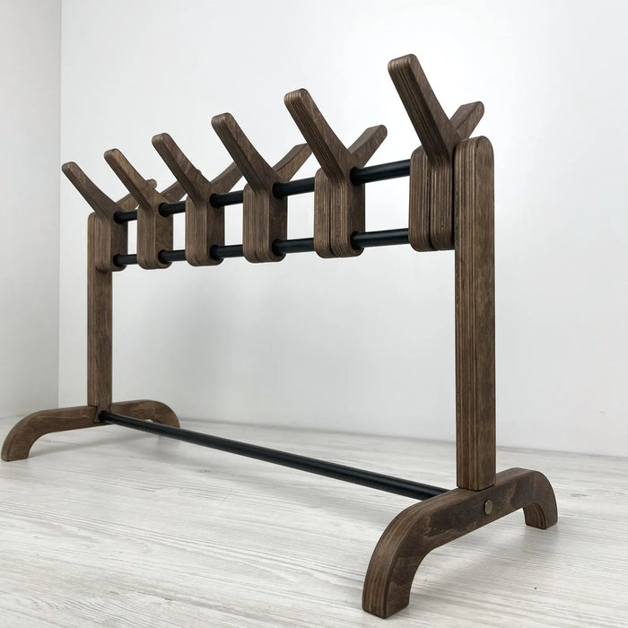 Unique Double Sided Wooden Shoe Stand | Walnut + Black Rods - EvenWood