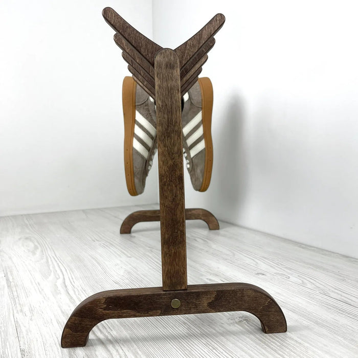 Unique Double Sided Wooden Shoe Stand | Walnut + Black Rods - EvenWood