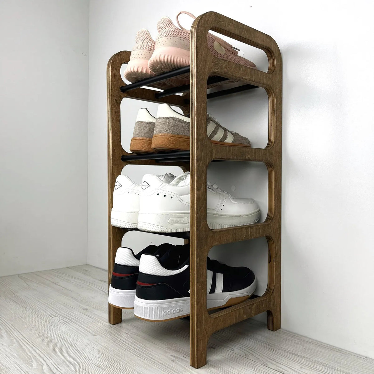 Vertical Corner Shoe Shelf | Walnut + Black Rods