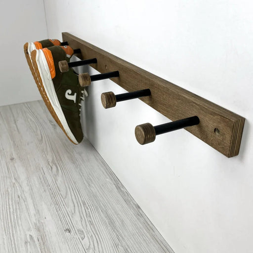 Walnut Wall - Mounted Wooden Shelf for Shoes With Metal Hooks - EvenWood