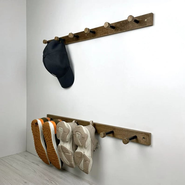 Walnut Wall - Mounted Wooden Shelf for Shoes With Metal Hooks - EvenWood