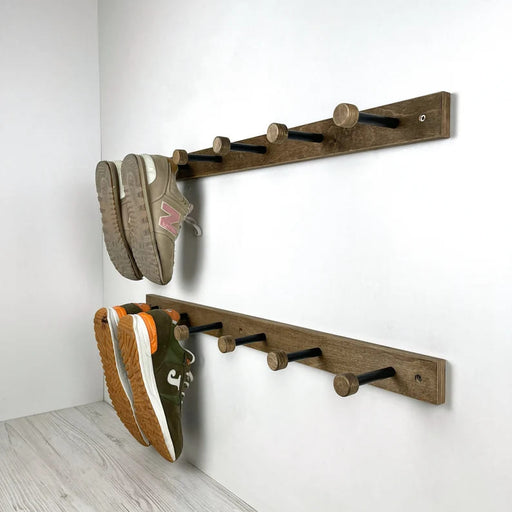 Walnut Wall - Mounted Wooden Shelf for Shoes With Metal Hooks - EvenWood