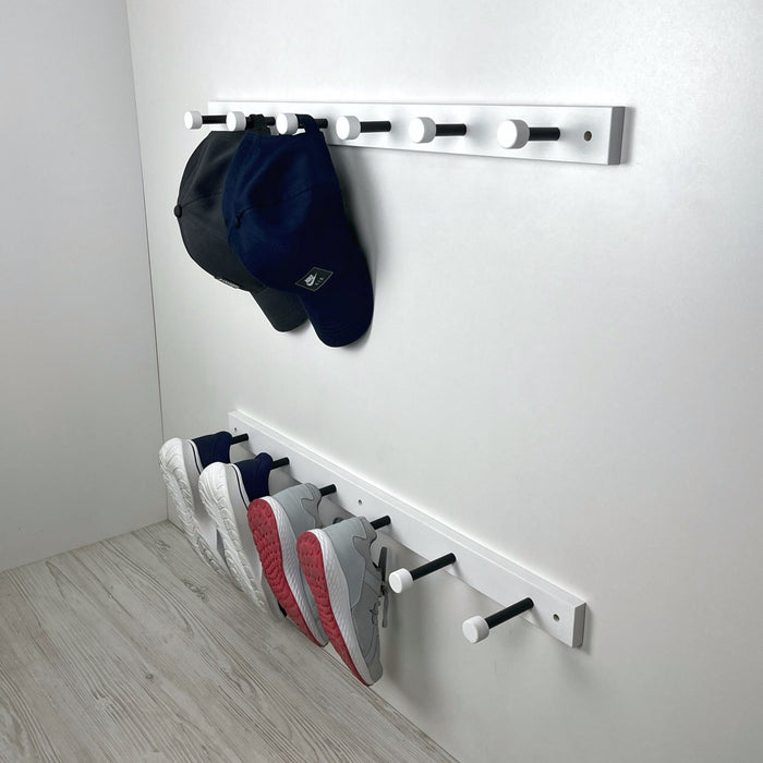 White Wall - Mounted Wooden Shelf for Shoes With Metal Hooks - EvenWood