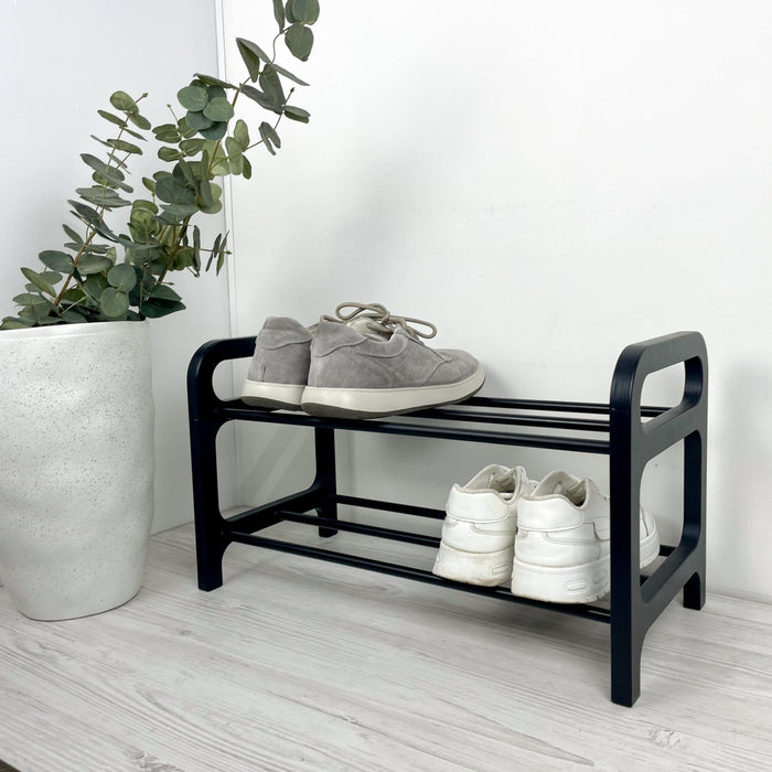 Wood Shoe Rack with Metal Rods | Compact 2 - Tier Storage - Image 1
