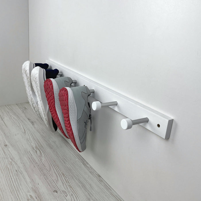 Wooden White Wall Shelf With Metal Hooks for Shoes - EvenWood